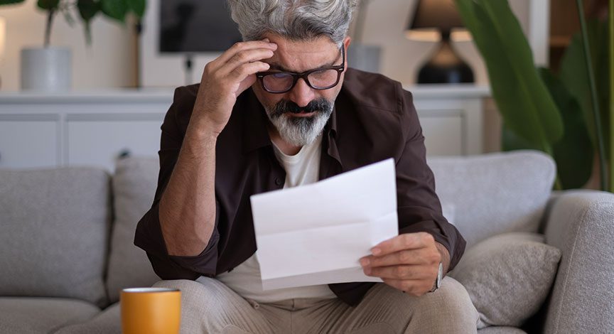 man-sitting-on-a-couch-holding-a-document-and-rubbing-his-forehead